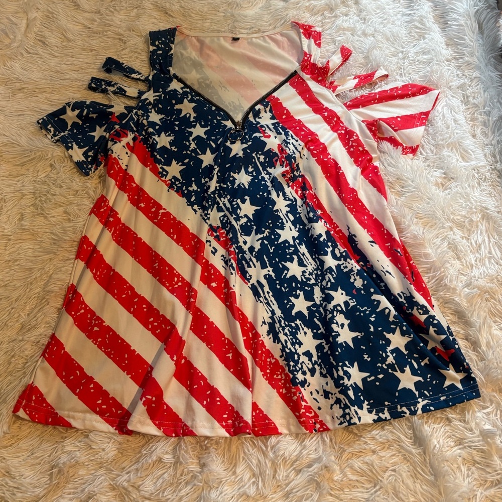Patriotic Stars & Stripes Cold-Shoulder blouse- Red White Blue